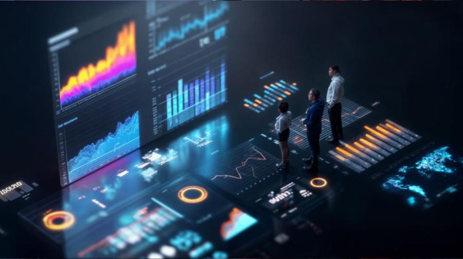 people standing on computer screen looking at computer screen